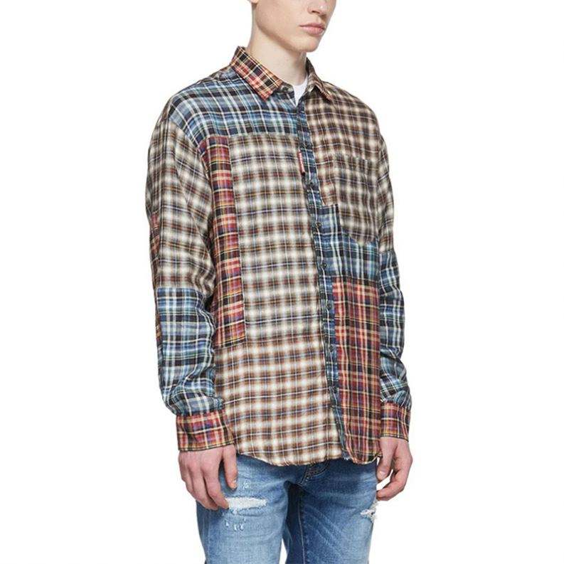 OEM Manufacturer High Quality Long Sleeve Square Collar Patch Pocket Multicolor Patchwork Linen Plaid Shirt