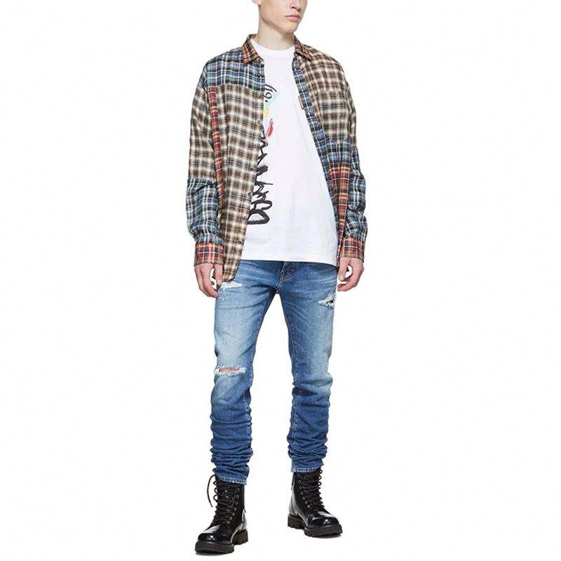 OEM Manufacturer High Quality Long Sleeve Square Collar Patch Pocket Multicolor Patchwork Linen Plaid Shirt