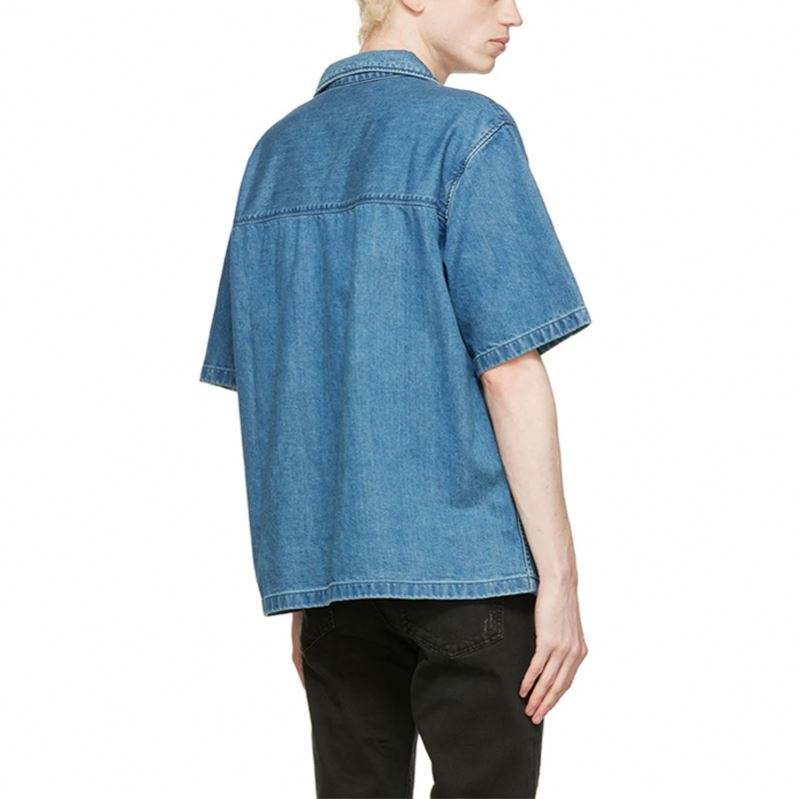 OEM Manufacturer Summer Blouse High Quality Short Sleeve Button Square Collar Classic Blue Men Denim Shirt