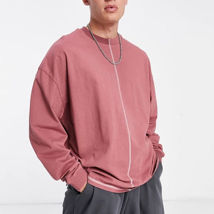 Oem Services Custom Long Sleeve T Shirt Men Drop Shoulder T-Shirts Contrast Seams Oversized Heavyweight T-Shirt