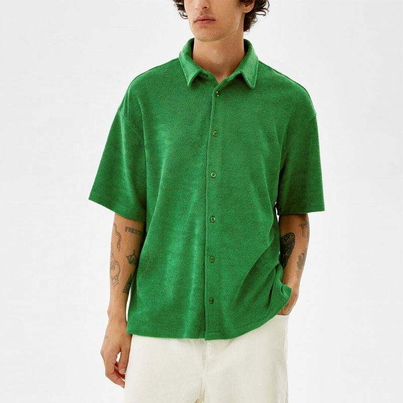 OEM Manufacturer Custom Men's Green Terry Towel Button Up Short Sleeve Shirts Oversized Terry Cloth Soft Shirts