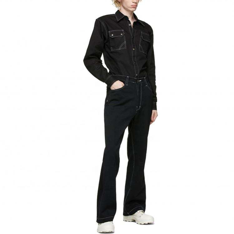 OEM Manufacturer Custom High Quality Long Sleeve Contrast Stitching Black Denim Shirt For Men