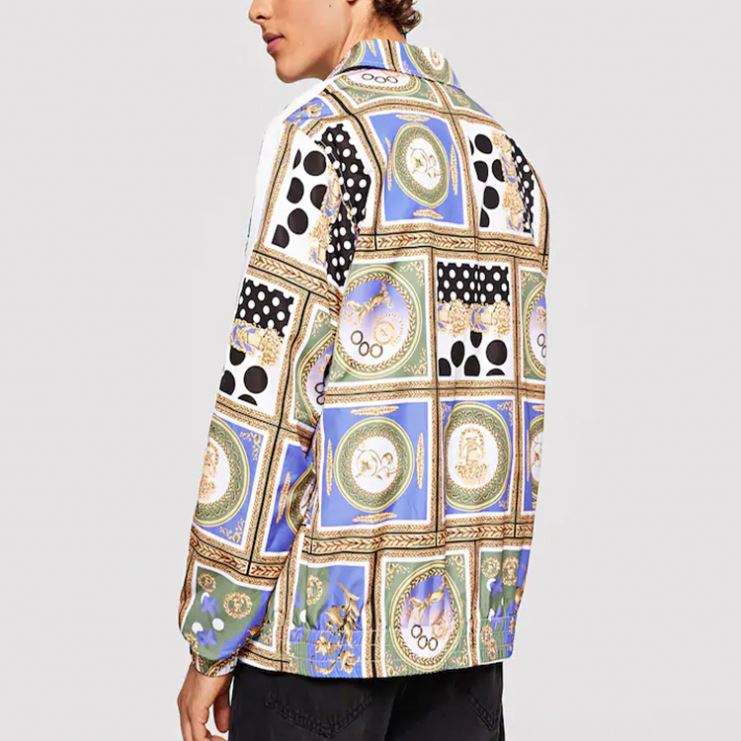 Men's Fashion New Design Zip Up Patchwork Jacket 100%Polyester Allover Print Coat For Men