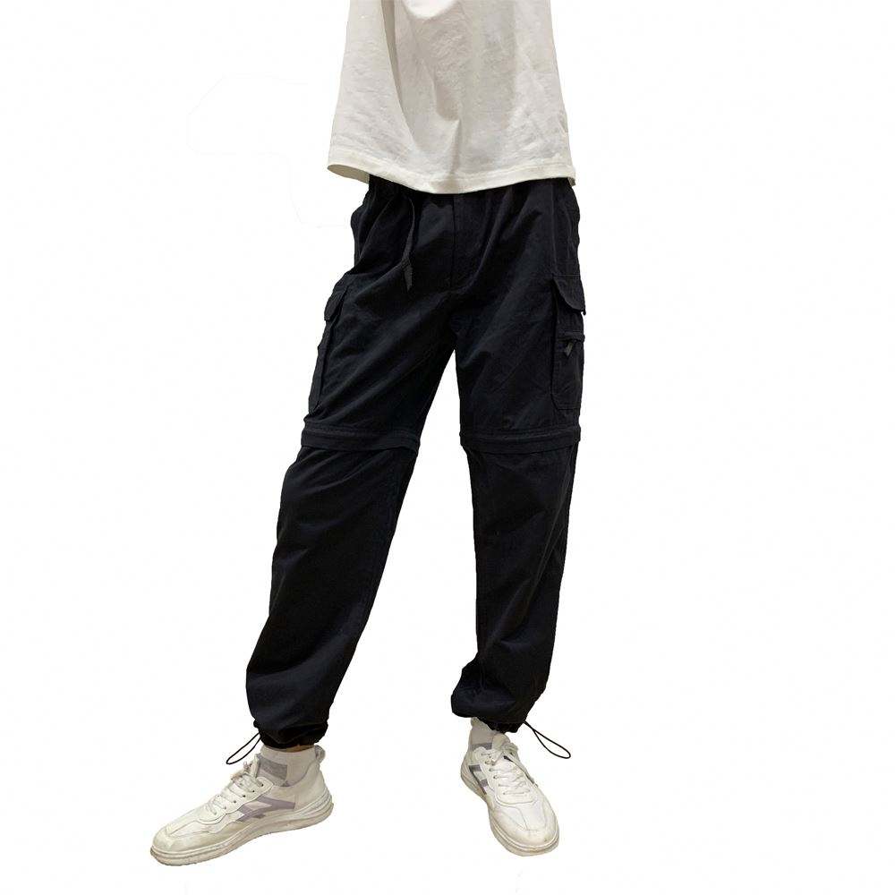Unisex Style Cargo Pants Black Slim Fit Mens Pants Buckle Fasten Elastic Waist Cargo Pants With Removeable Leg
