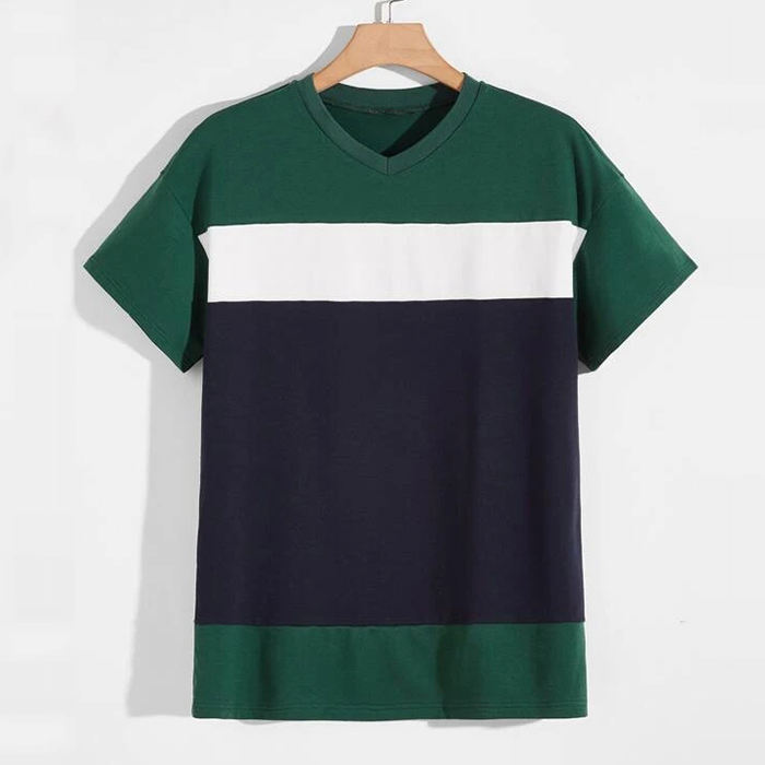 Color Block V Neck Short Sleeve Drop Shoulder Men Stylish Summer Tshirts