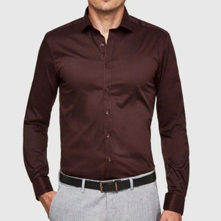 Производитель OEM Высококачественная мужская классическая рубашка Бордовая приталенная рубашка с длинным рукавом с обычным воротником