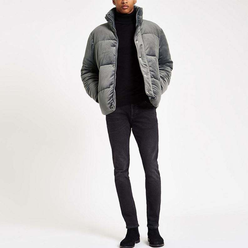 Winter 2018 Mens Clothes Grey Velvet Funnel Neck Puffer Jacket