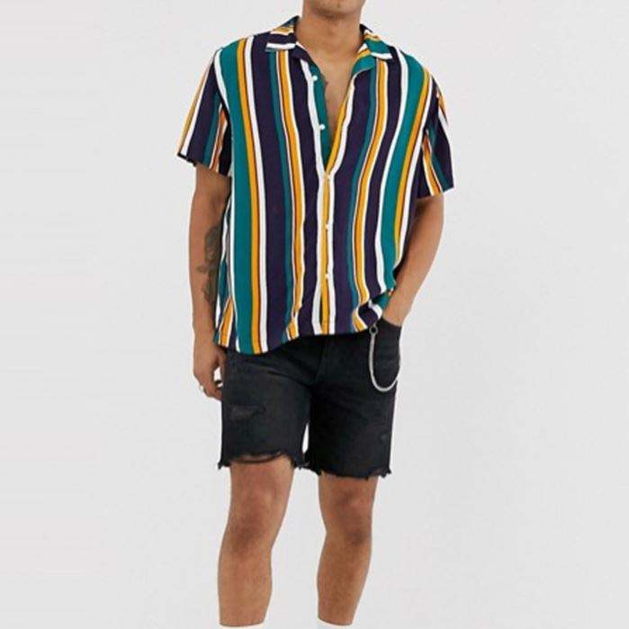OEM Manufacturer New Fashion Style Green Vertical Stripe Short Sleeve Shirt Dropped Shoulders Oversized Hawaiian Shirts