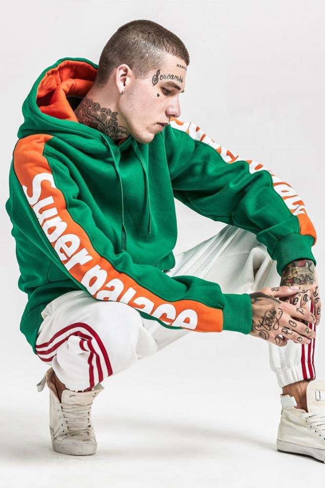 OEM Manufacturer Wholesale High Quality Custom Own Logo Green Orange Striped Pullover Hoodie With Mixed Color Blocking Hoodie