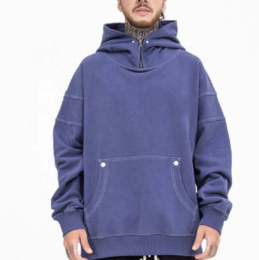 OEM Manufacturer Custom Vintage Wash Cotton Zip Hood Oversized Plain Hoodie With Contrast Stitching For Men