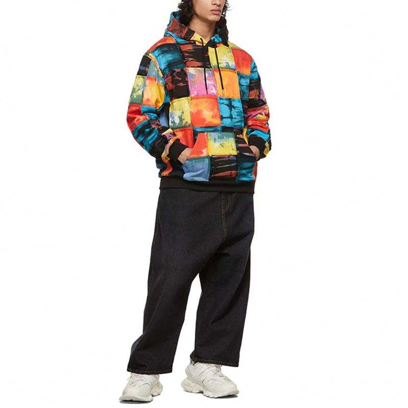 OEM Manufacturer Custom Men's Coats Terry Fabric Drawstring Hooded Patch Design Multicolor Patchwork Long Sleeve Hoodies