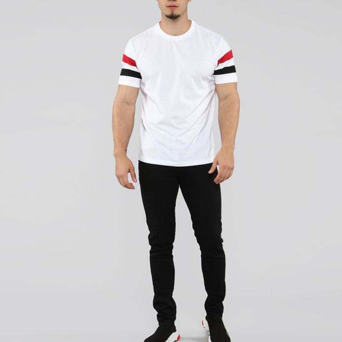 Custom Printing Striped Sleeve T Shirts Men Sleeve Round Neck White T-Shirt In Bulk