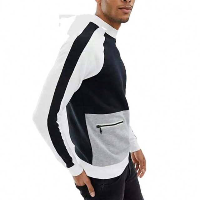 OEM Manufacturer Custom Cotton Men's Coats Color Block High Crewneck Sweatshirt With Zip Pocket Front
