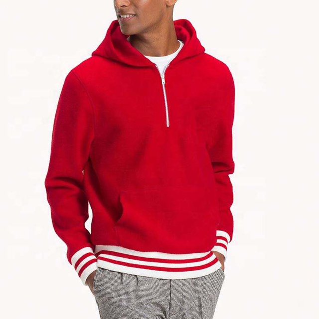 Pengilang OEM Logo Custom Lelaki Borong Merah separuh zip dengan sweatshirt hoodies trim jalur ribbed