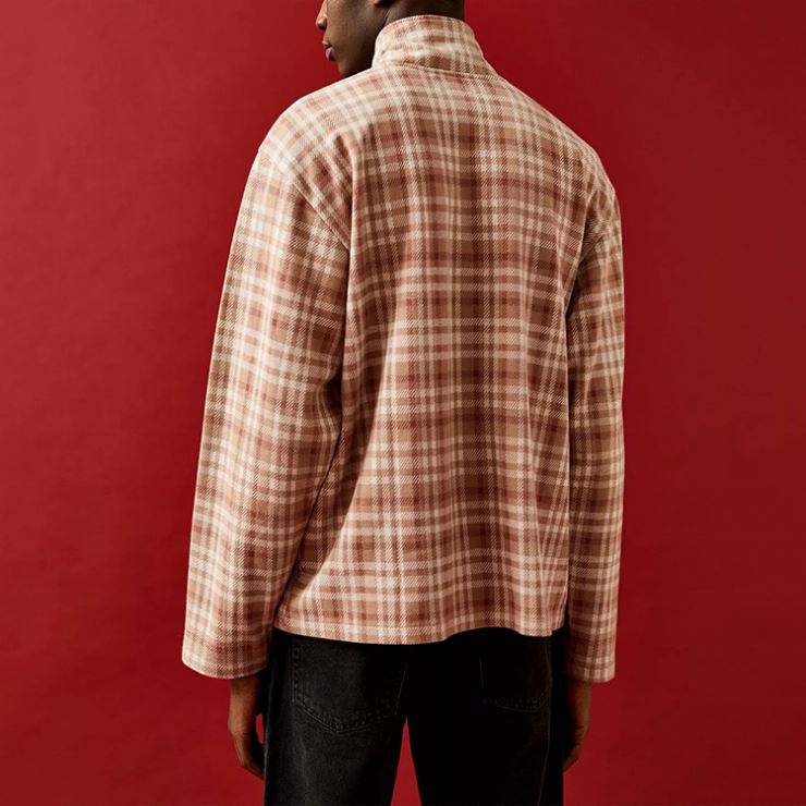 OEM Manufacturer Custom High Quality Men High Neck Plaid Check Pattern Zip Up Sweatshirt
