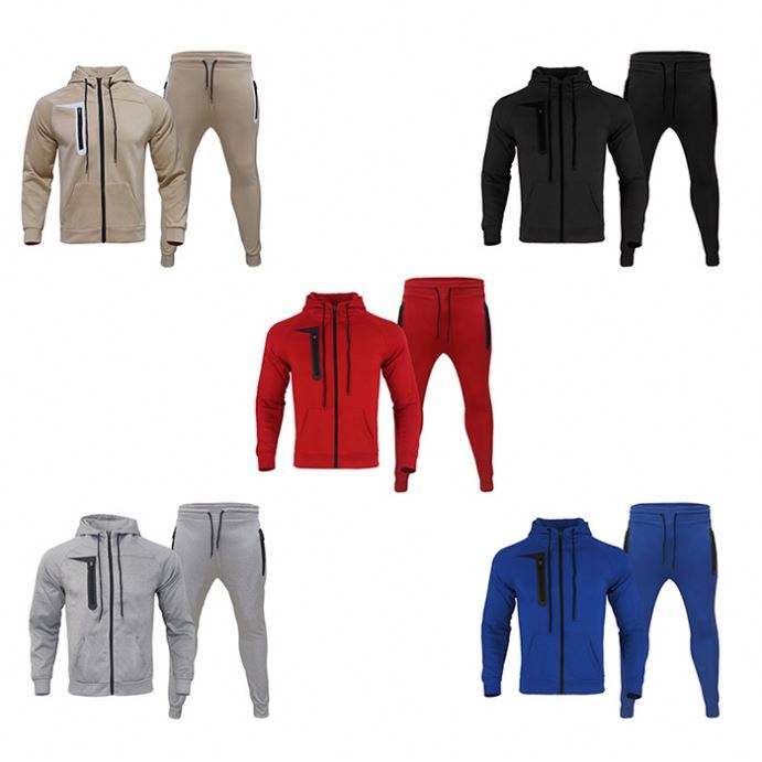 ເສື້ອຍືດແບບມືອາຊີບ Customized Color Solid Zip Up Hoodie Joggers Sets Men two Piece Sweatsuit