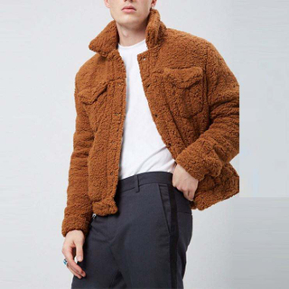 Veste en fausse peau de mouton kaki pour hommes, Design de Logo personnalis&eacute;, haute qualit&eacute;, bouton-pression d&eacute;cor&eacute;, offre sp&eacute;ciale