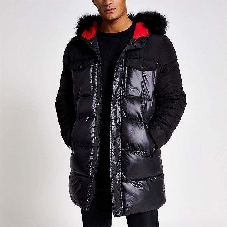 Men's Winter Wear Long Windbreaker Jacket Side Pockets Faux Fur Hood Slim Fit Zip-Up Puffer Jacket