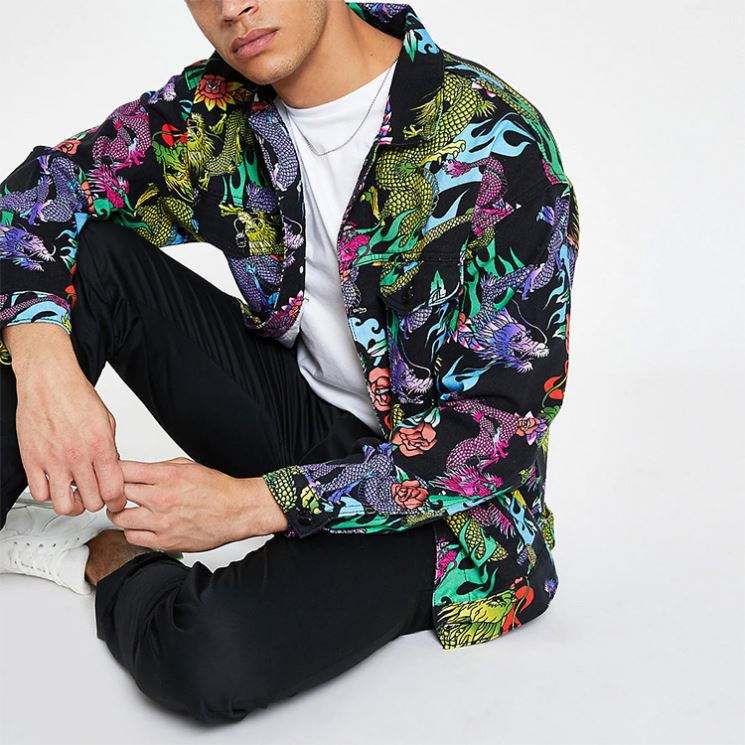 ຂາຍຮ້ອນ Custom Jacket Men Dragon Pattern Printing Pockets Buttons Front Mens Bomber Jacket ຄຸນະພາບສູງ