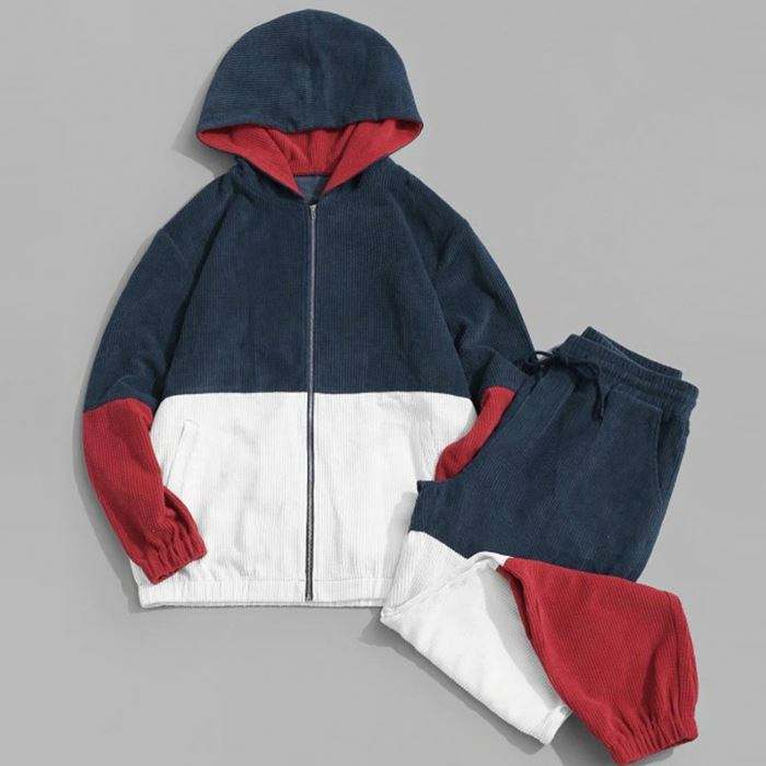 Custom Logo Tracksuit Color Block Corduroy Two Piece Sets Men Jogging Tracksuit