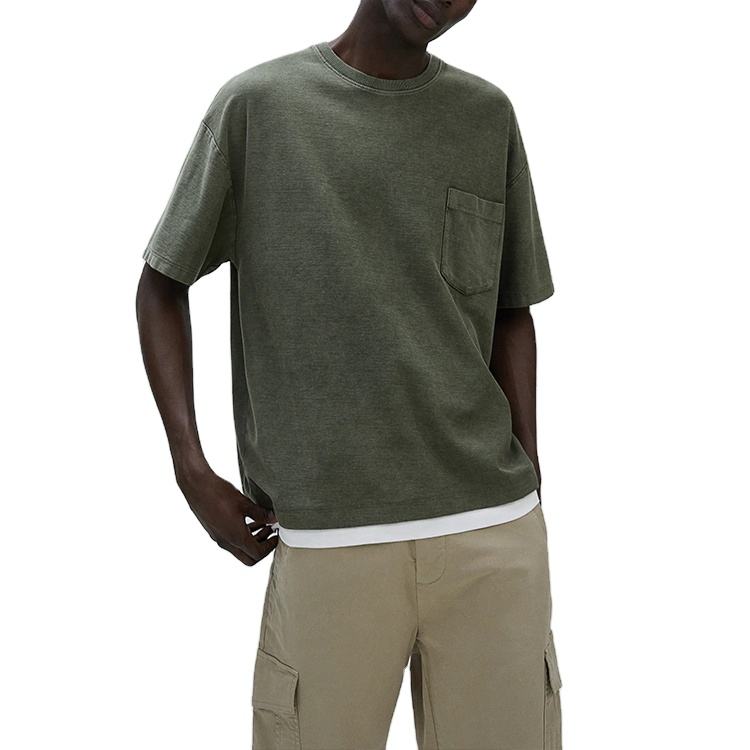 Camiseta personalizada de algodón para hombre, camiseta lavada de manga corta con bolsillo en el pecho vintage