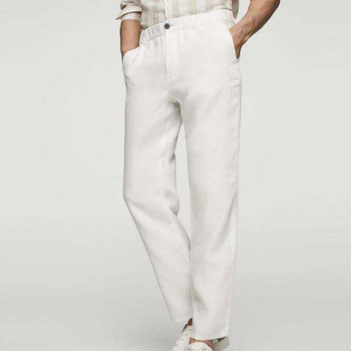 Regular Fit Linen Pants Elastic Waist Gray Trousers With Belt Loops For Men