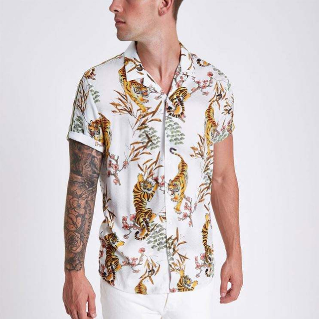 OEM Manufacturer Clothing Factory Wholesale Shirts For Men 100% Cotton White Tape Tiger Print Revere Shirt