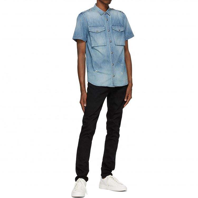OEM Manufacturer Service Short Sleeve Blue Distressed Denim Men Jean Shirt