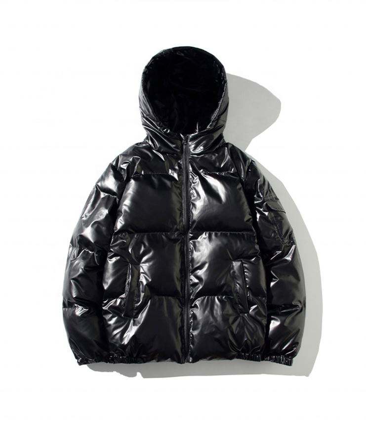 OEM Manufacturer Customization Winter Black Bomber Shiny Puffer Men Down Plus Sizes With Hood Jacket