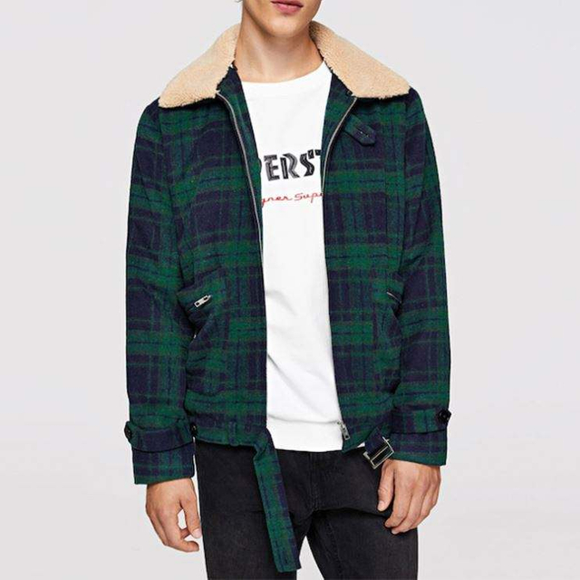 New Product Men Pocket Front Waist Belted Green Plaid Winter Coat