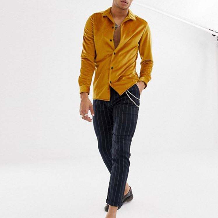 OEM Manufacturer Shirts For Men Regular Fit Long Sleeve Revere Velour Shirt In Mustard