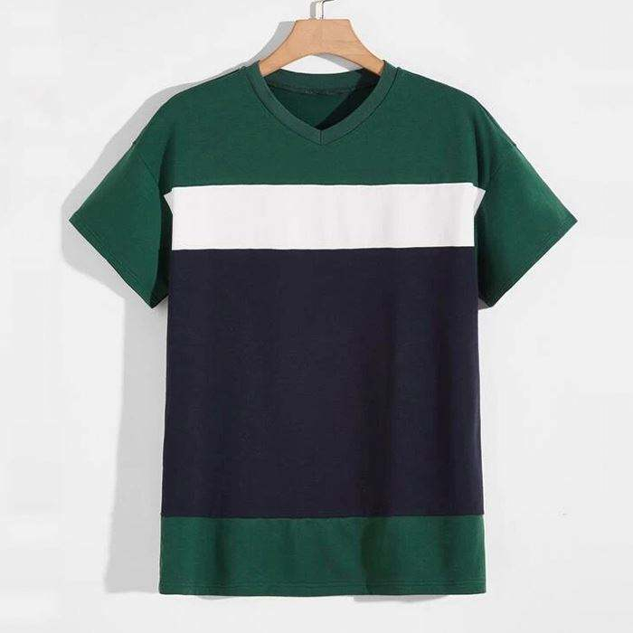 Color Block V Neck Short Sleeve Drop Shoulder Men Stylish Summer Tshirts
