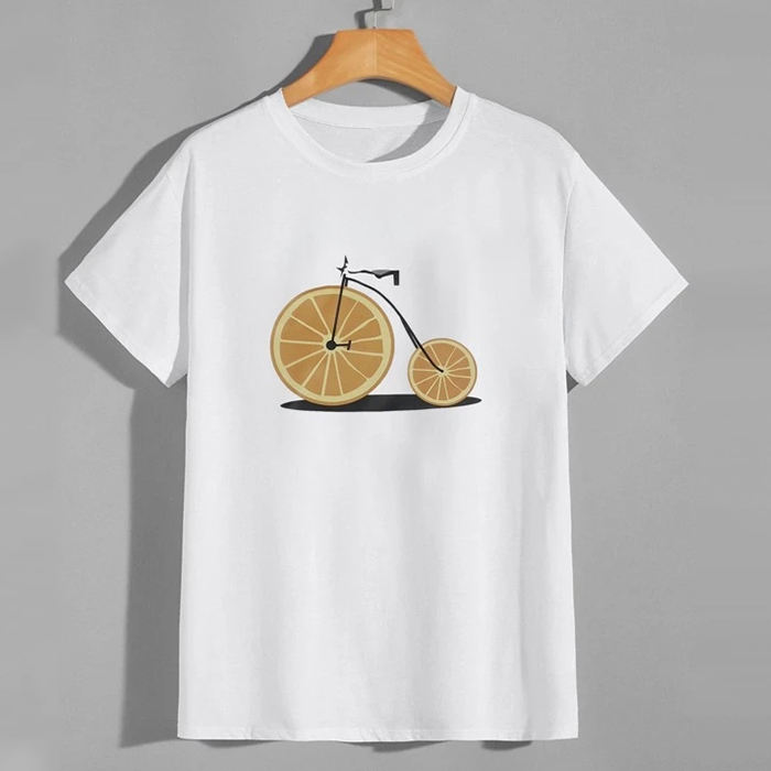 Camiseta 100% de algodón con estampado de bicicleta de fruta personalizada, camisetas de manga corta de verano para hombre con cuello redondo, superventas a granel