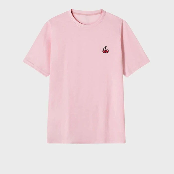 High Quality Custom T Shirt Short Sleeve Crew Neck Men Cherry Printed Pink T Shirts In Bulk