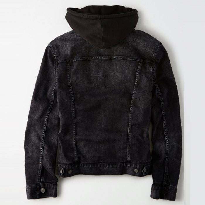 Pánské černé džínové bundy šňůrky šňůrky Fleece Hood Tlack up bundy s bočními kapsami
