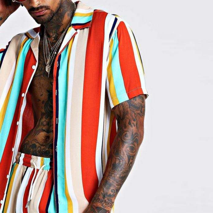 OEM Manufacturer Sublimated Mens Clothing Shirt Multicolor Striped Printed Short Sleeve Men Hawaiian Shirt
