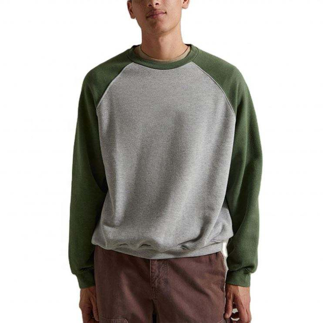OEM Manufacturer Custom Men Crew Neck Color Block Sweatshirt Ribbed Cuffs Raglan Sleeve Split Color Sweatshirt