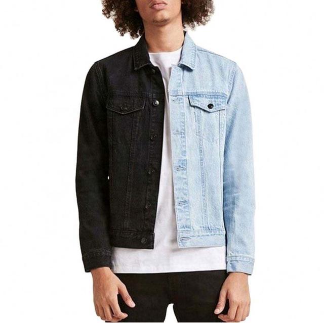 Oem Manufacturer Custom Mens Half Blue Black Split Color Denim Block Jean Jacket