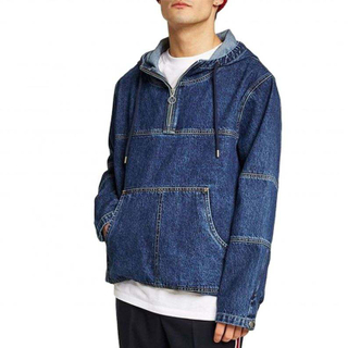 OEM Manufacturer Custom 100% Cotton Mens Half Zip Oversized Patchwork Denim Pullover Hoodie