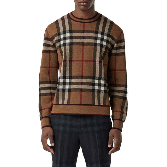 OEM Manufacturer Custom Fashion Sweatshirt High Quality Long Sleeve Crew Neck Brown Plaid Sweater For Men