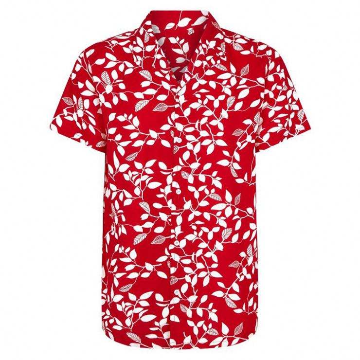 OEM Manufacturer Casual Hawaiian Red Leaf Print Short Sleeve Men Shirt