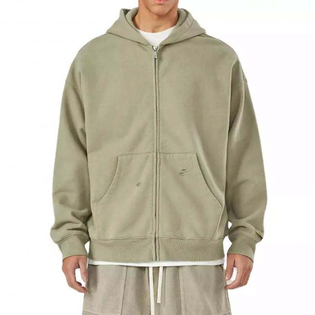 OEM Manufacturer Custom High Quality 100% Cotton French Terry Zip Up Hoodie Mens Distressed Oversized Hoodie