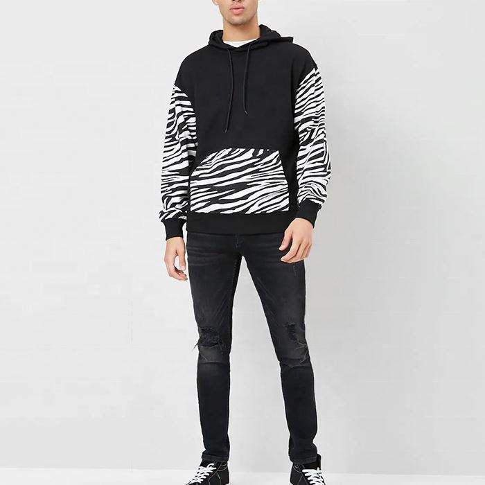 OEM Manufacturer Mens Streetwear Clothing Contrast Zebra Print Pullover Fashion Custom Hoodies