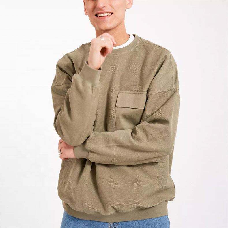 OEM Manufacturer Wholesale 100% Cotton Solid Color Patchwork Pocket Pullover Heavyweight Crewneck Sweatshirt