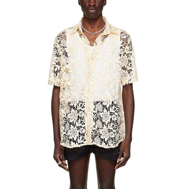 OEM Manufacturer Custom Men Fashion Beige Yellow High Quality Square Collar Short Sleeve Button Hollow Out Lace Shirt