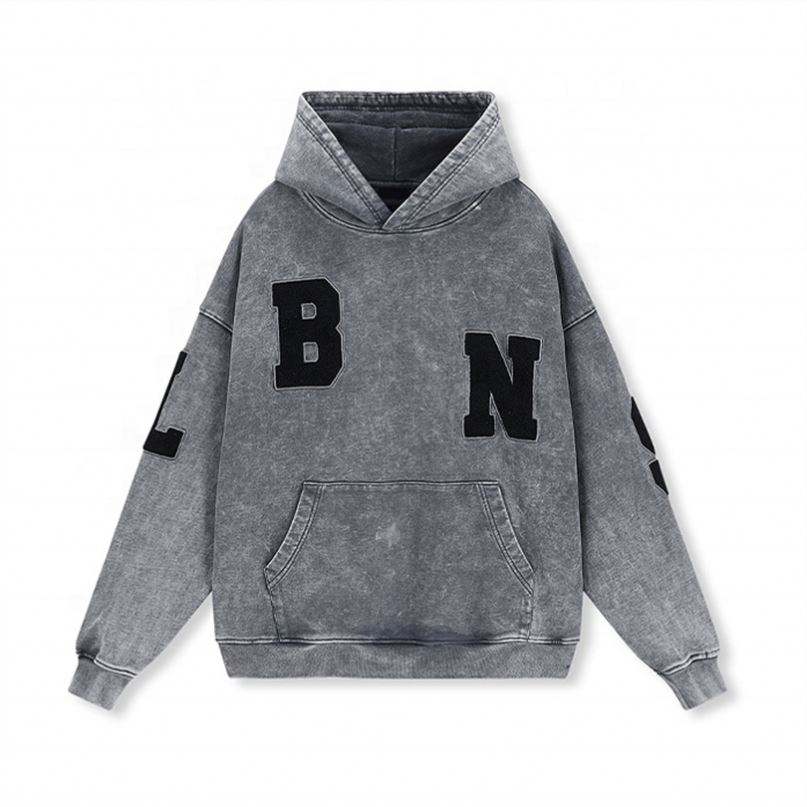 OEM Manufacturer 2022 Eco Friendly Vintage Heavyweight Acid Wash Men Custom Logo Chenille Embroidery Patch Hoodie