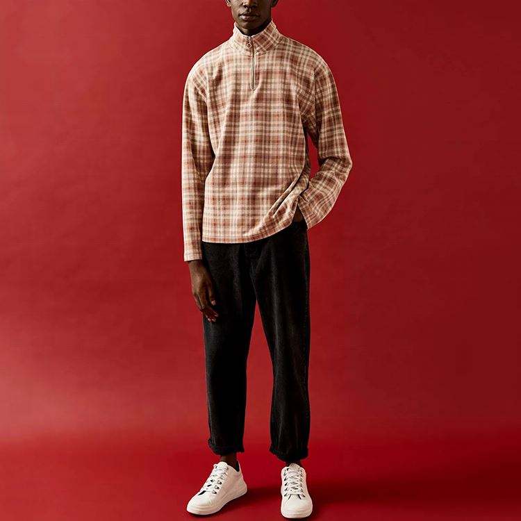 OEM Manufacturer Custom High Quality Men High Neck Plaid Check Pattern Zip Up Sweatshirt