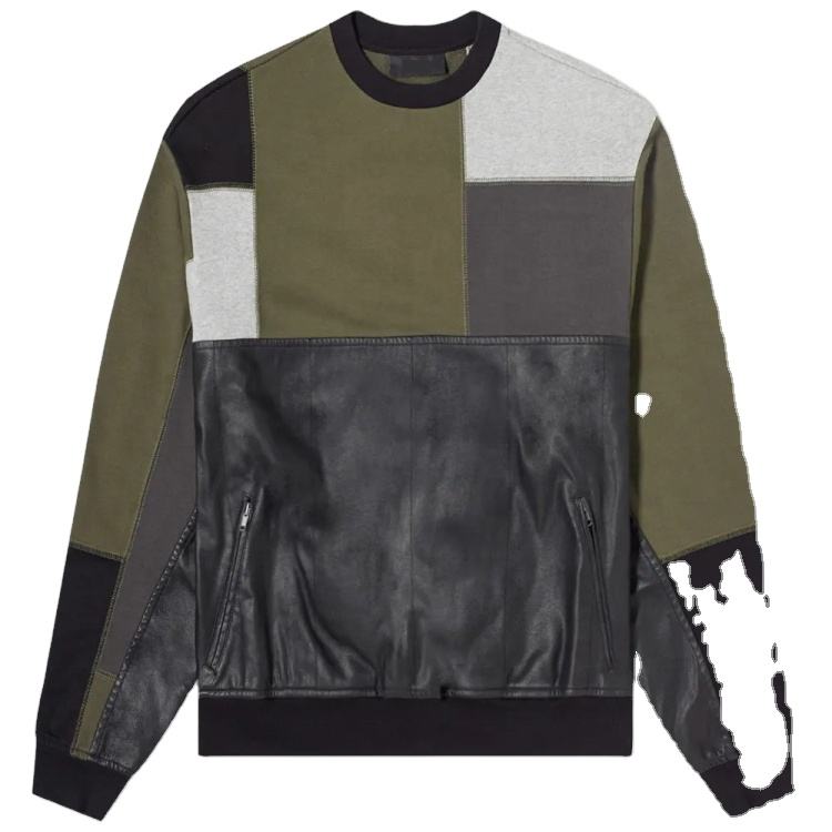 Custom Crewneck Color Block Patchwork Leather Sweatshirt For Men