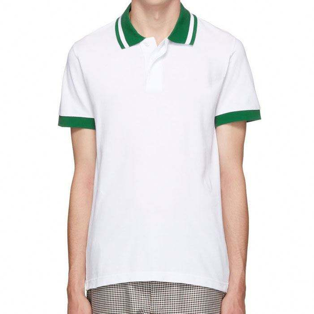 Logo Custom Reka Bentuk Mens Vintage Style Plain White Polo Shirt With Green Collar dan Ribs Cuffs