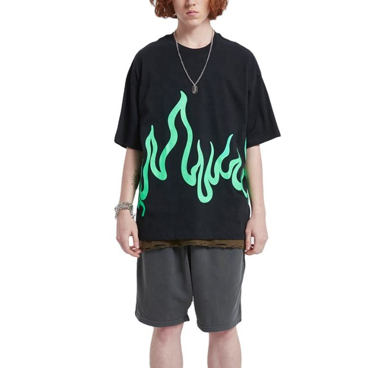 Brugerdefineret udskrivningsflamme logo overdimensioneret hip hop t -shirt til mænd